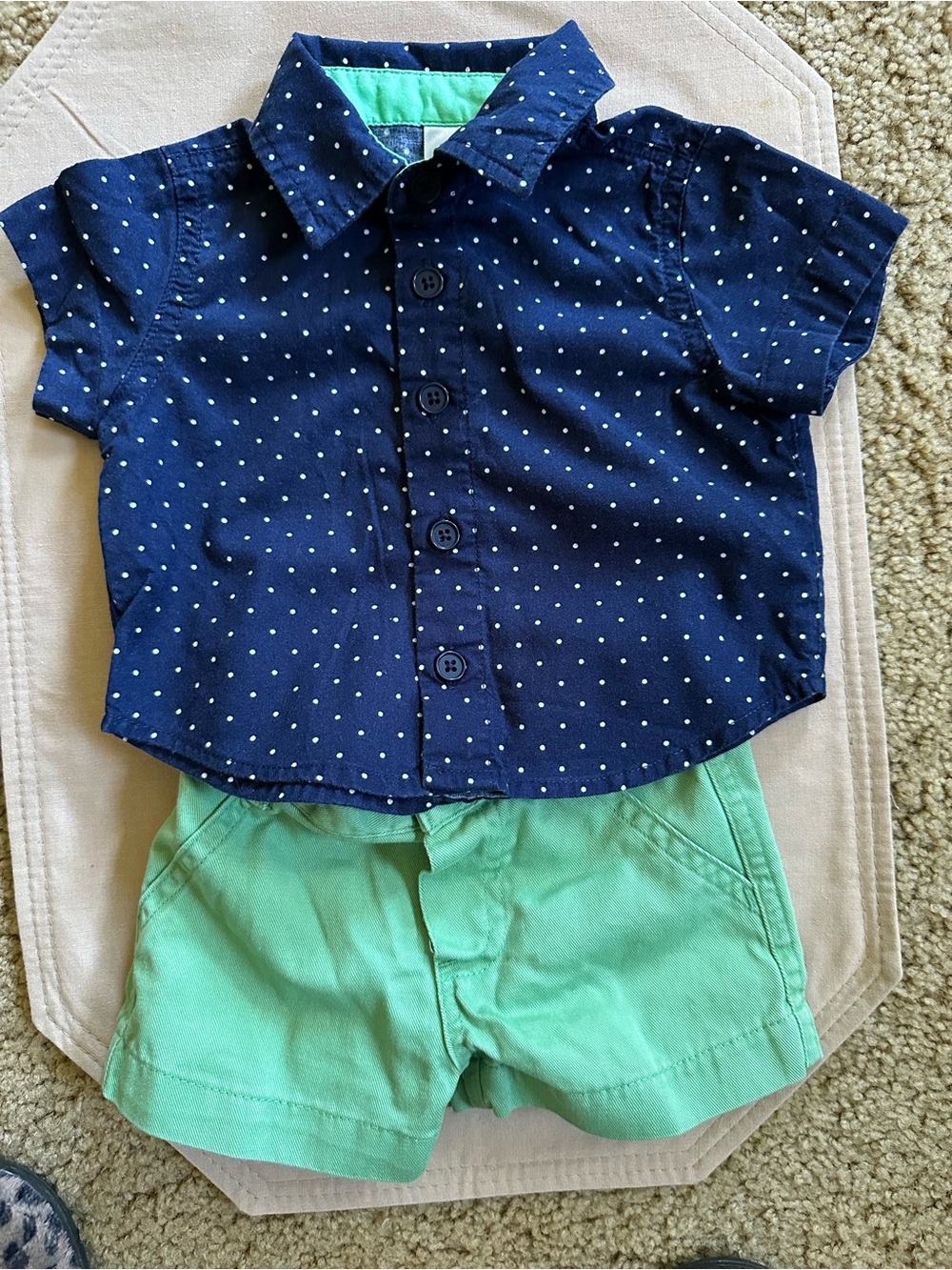Cherokee Navy Polka Dot Button-Front Shirt and Lime Green Shorts